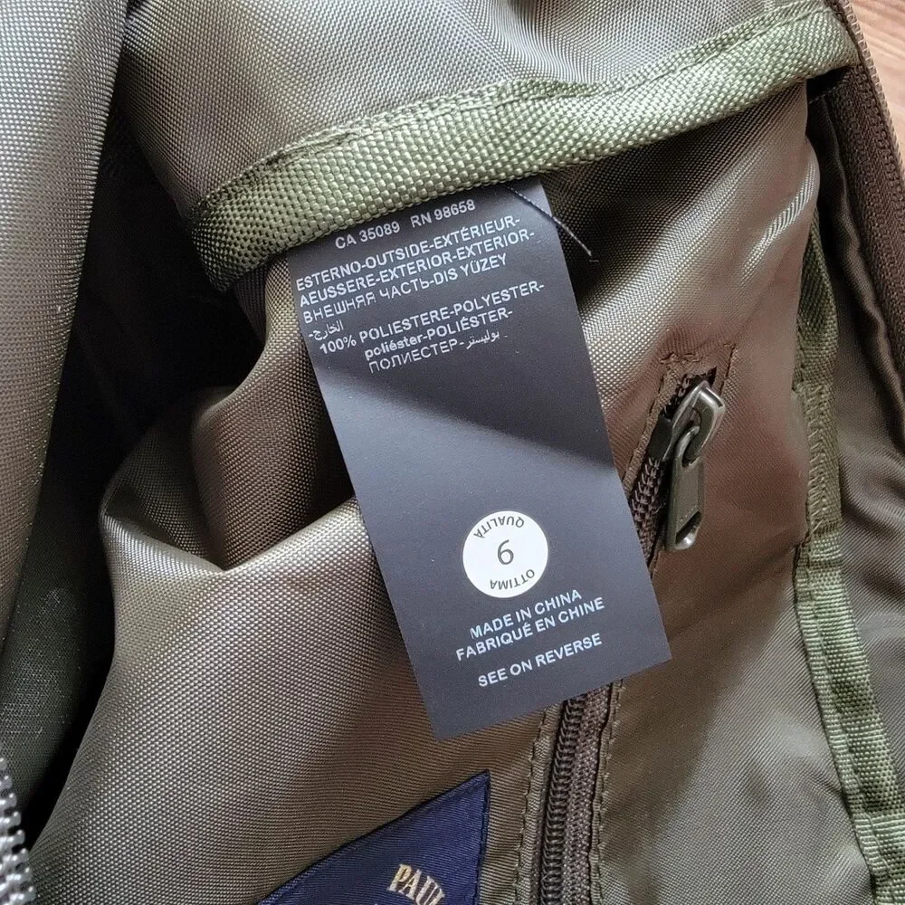 Paul & Shark Khaki Green Mens Bag Zipper Embroidered Casual Travel NWOT